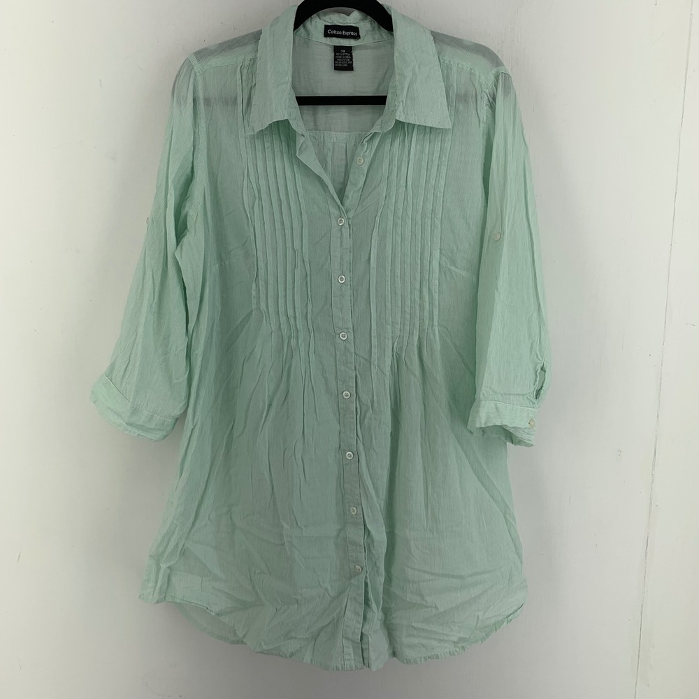 Cotton‎ Express Pin Tuck Button Front Tunic Top 3X Roll Tab Coastal Relaxed